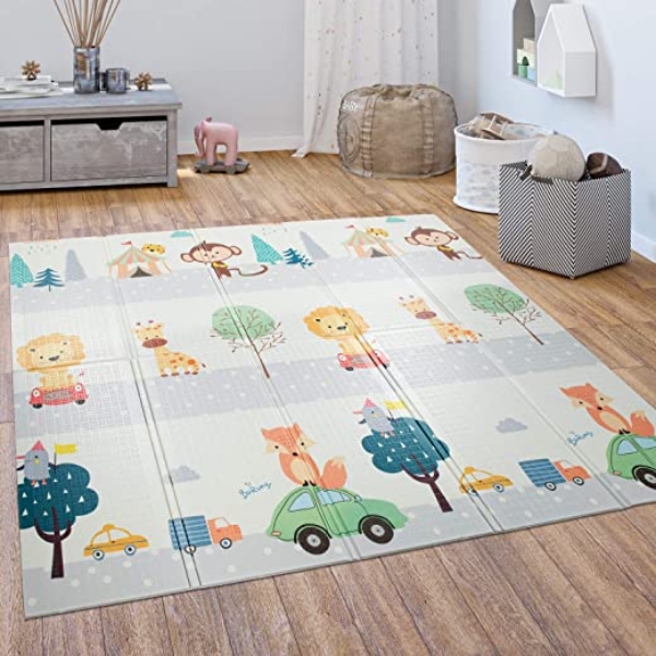 Paco Home Spielmatte Krabbelmatte Baby Kinder Matte Faltbar Abwaschbar Wendbar Tier Motiv, Grösse:180×200 cm, Farbe:Mehrfarbig