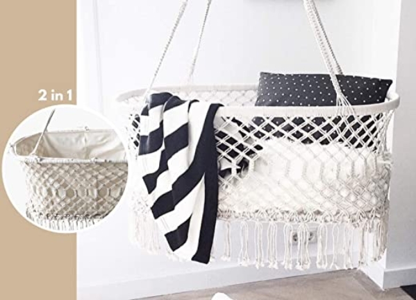 Premium Baby-Hängeschaukel mit Inlay aus Makramee von Napa nature, hängend, 100% Naturbaumwolle, handgemacht, zum sanften Wiegen und Schaukeln