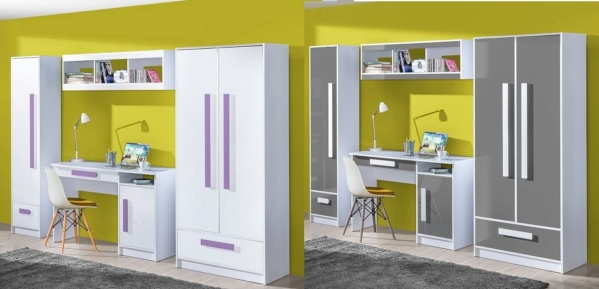 QMM Traum Moebel Jugendzimmer Kinderzimmer komplett Gerome Set A in 4 Farben Fronten Hochglanz Schrank Schreibtisch Standregal Wandregal NEU