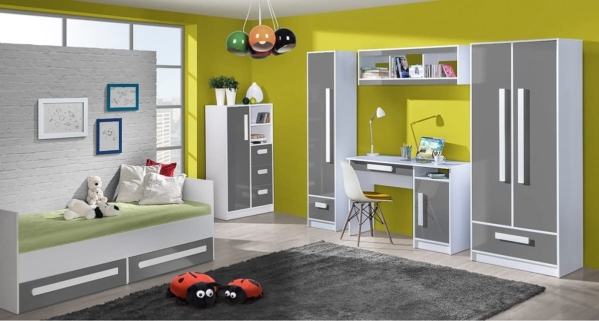 QMM Traum Moebel Jugendzimmer Kinderzimmer komplett Gerome Set C in 4 Farben Fronten Hochglanz Schrank Schreibtisch Standregal Kommode Wandregal…