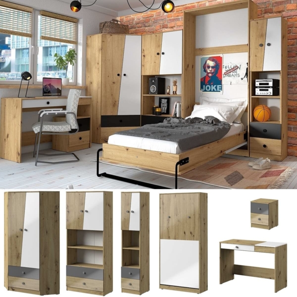 QMM TraumMöbel Jugendzimmer Kinderzimmer komplett Neo Set E Eckschrank Regale Schreibtisch Container Schrankbett Vertikal Farbauswahl (Grau Matt)