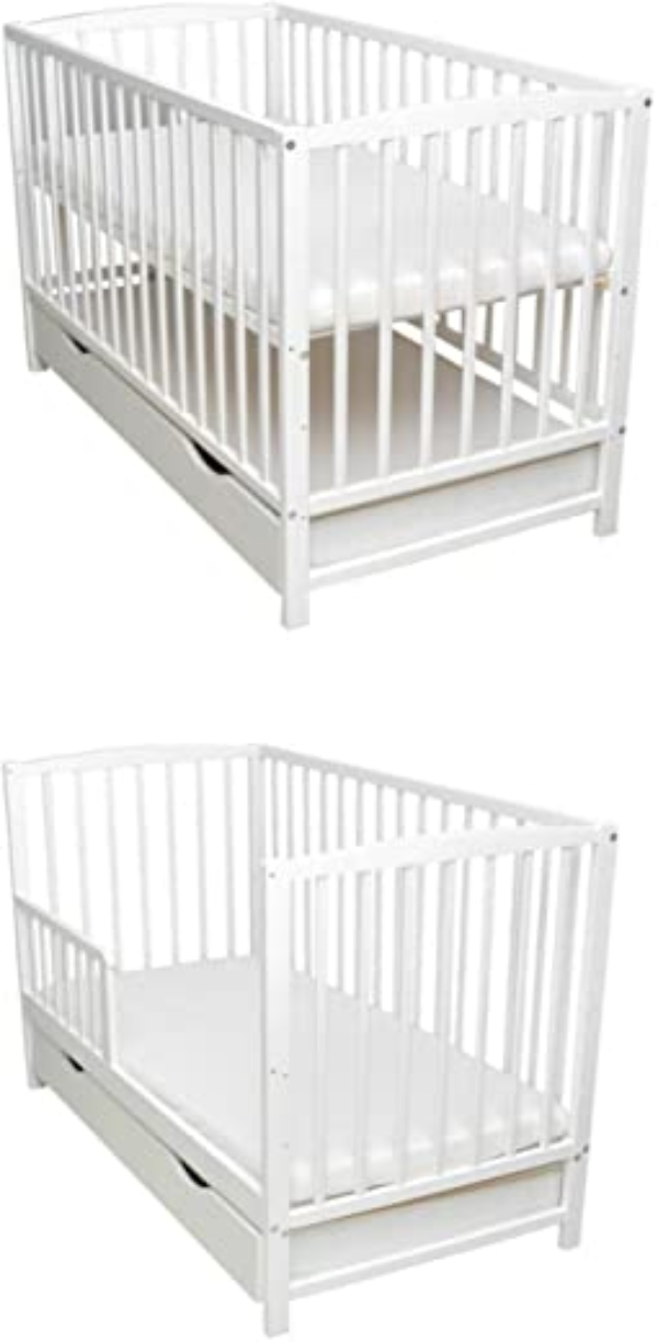 Rundum24 Babybett Schutzgitter 2in1 Gitterbett Kinderbett 120×60 Weiß Matratze Juniorbett Schublade Neu