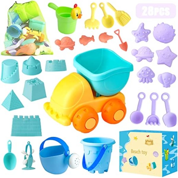 Sandspielzeug, 28 Stück Sandkasten Spielzeug Set mit Sand Förmchen, Soft Plastic Truck, Gießkanne, Eimer, Wasserrad, Schaufel Werkzeugsätze,…