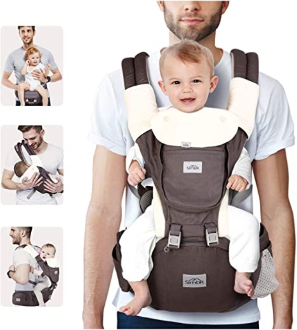 SIMBR Babytrage Ergonomisch Mit Sitz für Die Hüfte, 12 Positionen,100% Baumwolle, Multifunktional, Sicher und Komfortabel, für Neugeborene und…