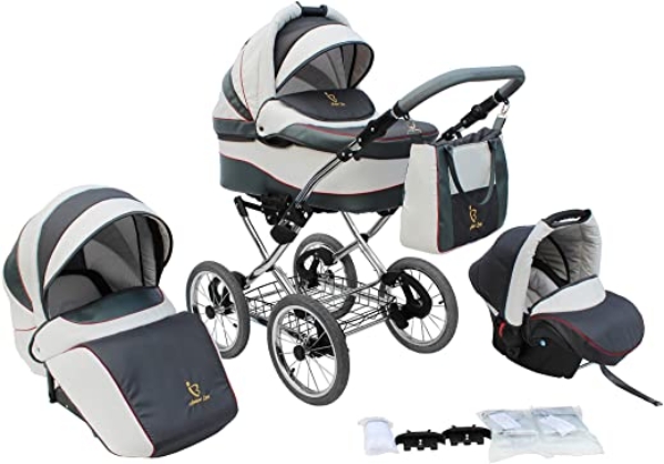 SKYLINE Klassisch Retro Stil Kombi-Kinderwagen Buggy 3in1 Reise System Autositz (Isofix) (Grau/14″Luft Bereifung)