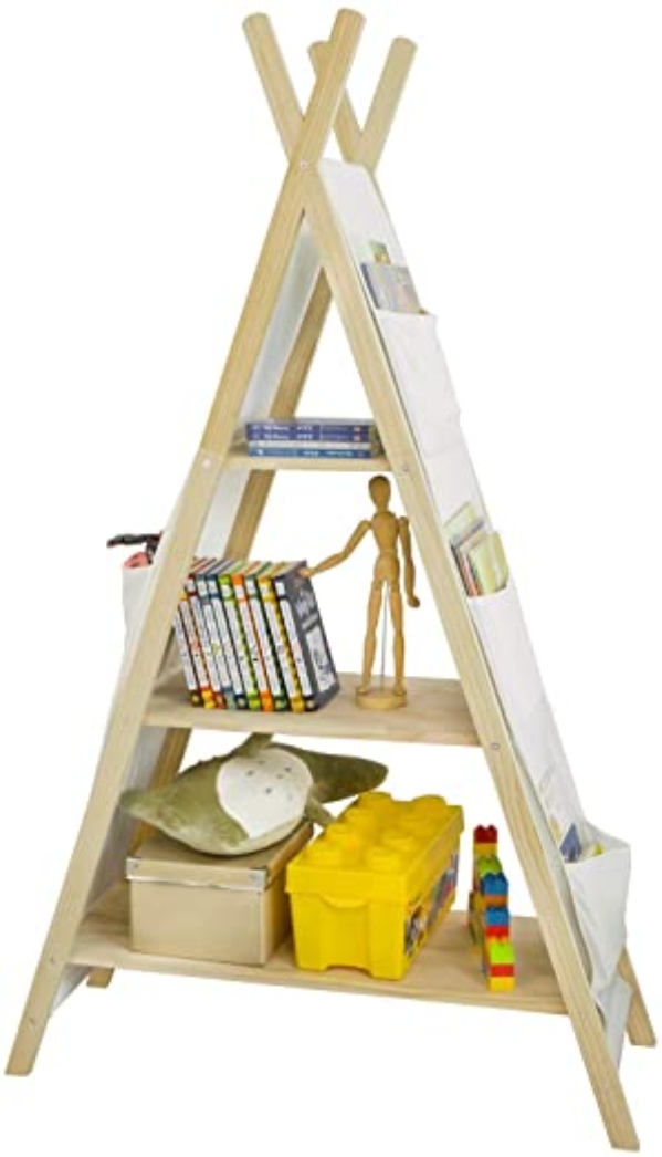 SoBuy KMB30-WN Tipi Kinderregal mit 3 Aufbewahrungsfächer und 6 Taschen Kinder Bücherregal Spielzeugregal Aufbewahrungsregal für Kinder…