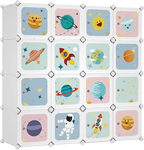 SONGMICS Kleiderschrank, DIY-Aufbewahrungsschrank, für hängende Kleidung, Aufbewahrung, für Kinder, mit 16 Würfeln, 4 Hängestangen, 123 x 41 x 123…