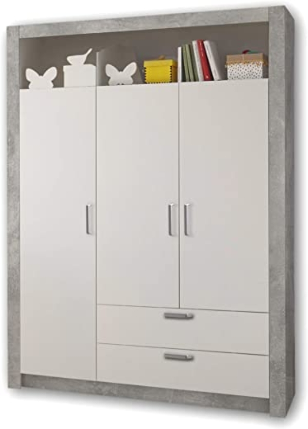 Stella Trading TIMO Eleganter Babyzimmer Kleiderschrank 3-türig – Vielseitiger Drehtürenschrank mit viel Stauraum in Beton-Optik, weiß – 137 x 196…