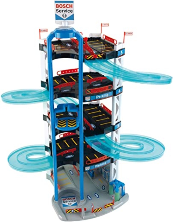 Theo Klein 2813 Bosch Car Service Parkhaus I Mit 5 Ebenen, doppelter Abfahrtrampe, 2 Rennautos, Fahrstuhl und vielem mehr I Maße: 55 cm x 55 cm x…