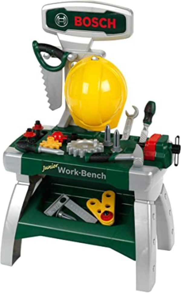 Theo Klein 8612 Bosch Werkbank Junior 2+ I Inkl. Helm, Schraubstock, Werkzeugen, Latten, Nägel, Schrauben und Muttern I Maße: 49 cm x 29 cm x 71 cm…