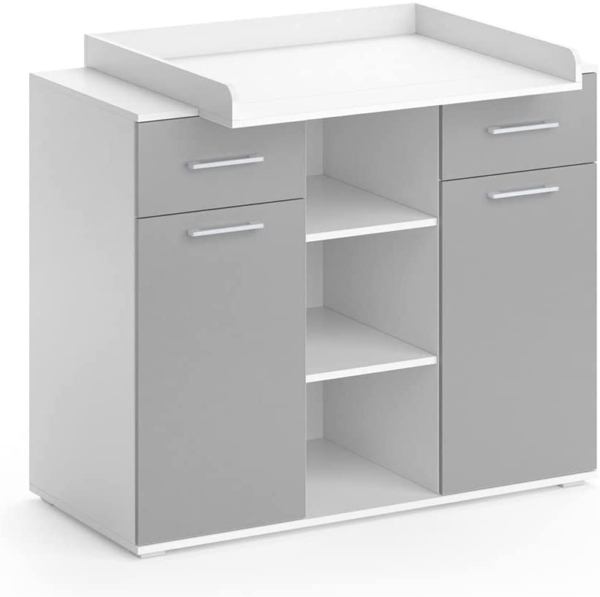 Vicco Wickelkommode Wickeltisch Wickelregal Leonie mit Wickelaufsatz Babyregal (Weiß/Grau)