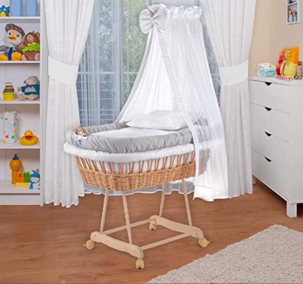 WALDIN Baby Stubenwagen-Set mit Ausstattung,XXL,Bollerwagen,komplett,9 Modelle wählbar,Stoffe grau/Punkte grau