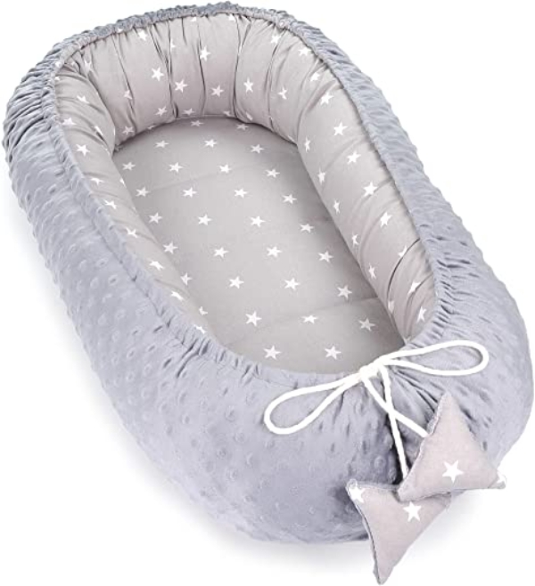 warmes Nestchen Baby 90×50 cm – Kuschelnest Neugeborene Nestchen Winter/Herbst Kokon Babynest Grau-weiß mit Sternen + dunkelgrau Minky
