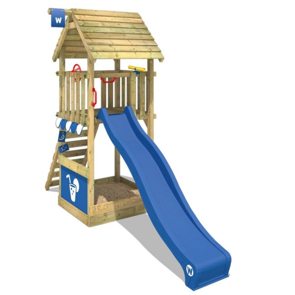 Wickey Spielturm »Klettergerüst Smart Club mit Holzdach und blauer Rutsche, Kletterturm mit Sandkasten, Leiter & Spiel-Zubehör«