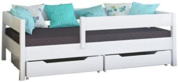 WNM Group Kinder Einzelbett Miki mit Schubladen, 4 Farben, viele verschiedenen Größen, Massivholz & Holz-Platte, 200×90, Weiß