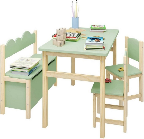 Woltu Kindersitzgruppe, 4 TLG. Kindersitzgruppe, Kindertisch mit 2 Stühle und 1 klappbarem Aufbewahrungsbank, Sitzgarnitur für 3 Kinder, aus…
