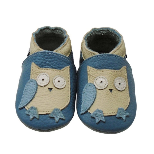 Yalion »Weiche Leder Lauflernschuhe Hausschuhe Lederpuschen Eule Blau 100% Leder« Krabbelschuh elastisch