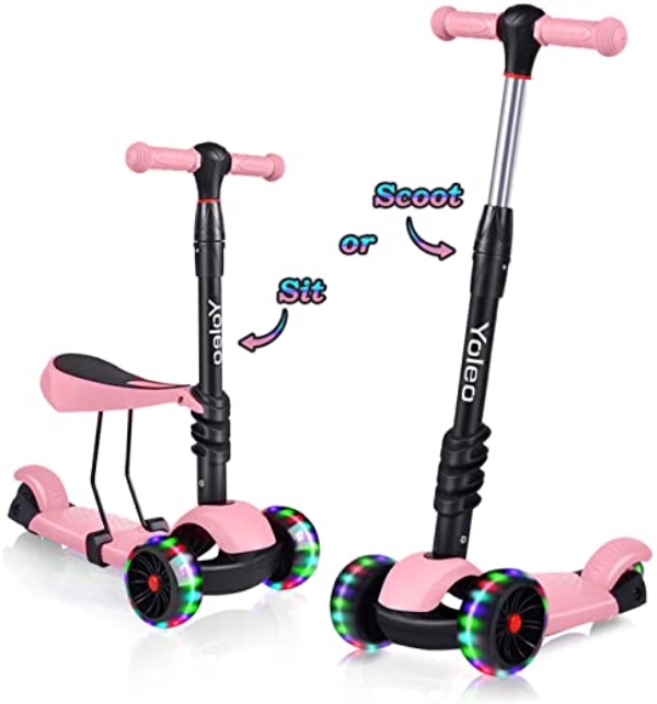 YOLEO 3-in-1 Kinder Roller Scooter mit Abnehmbarem Sitz, LED große Räder, Höheverstellbare Lenker für Kleinkinder Jungen Mädchen ab 2 Jahre