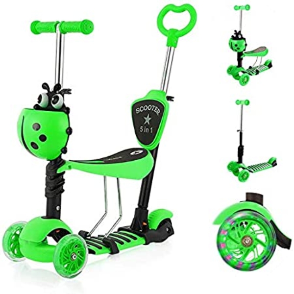 YOLEO 5-in-1 Kinder Roller Scooter mit Abnehmbarer Karikaturkorb Sitz Schubstange LED große Räder Bequeme Rückenlehne Höheverstellbare Lenker für…